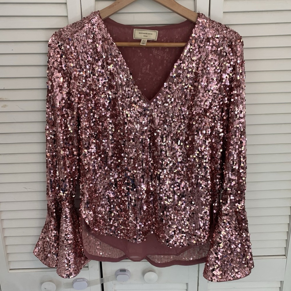 Moulinette‎ Soeurs Anthropologie Rose Gold Sequin Bell Sleeve Top Size 2 V-Neck